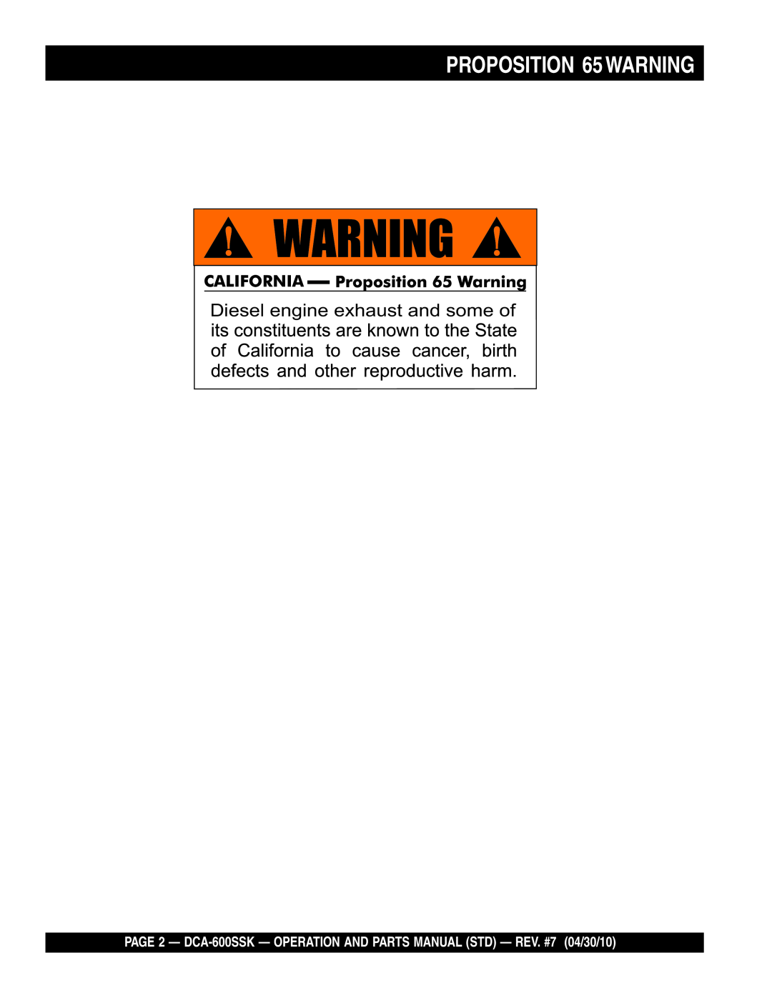 Multiquip DCA-600SSK operation manual PROPOSITION 65WARNING, Diesel engine exhaust and some of 