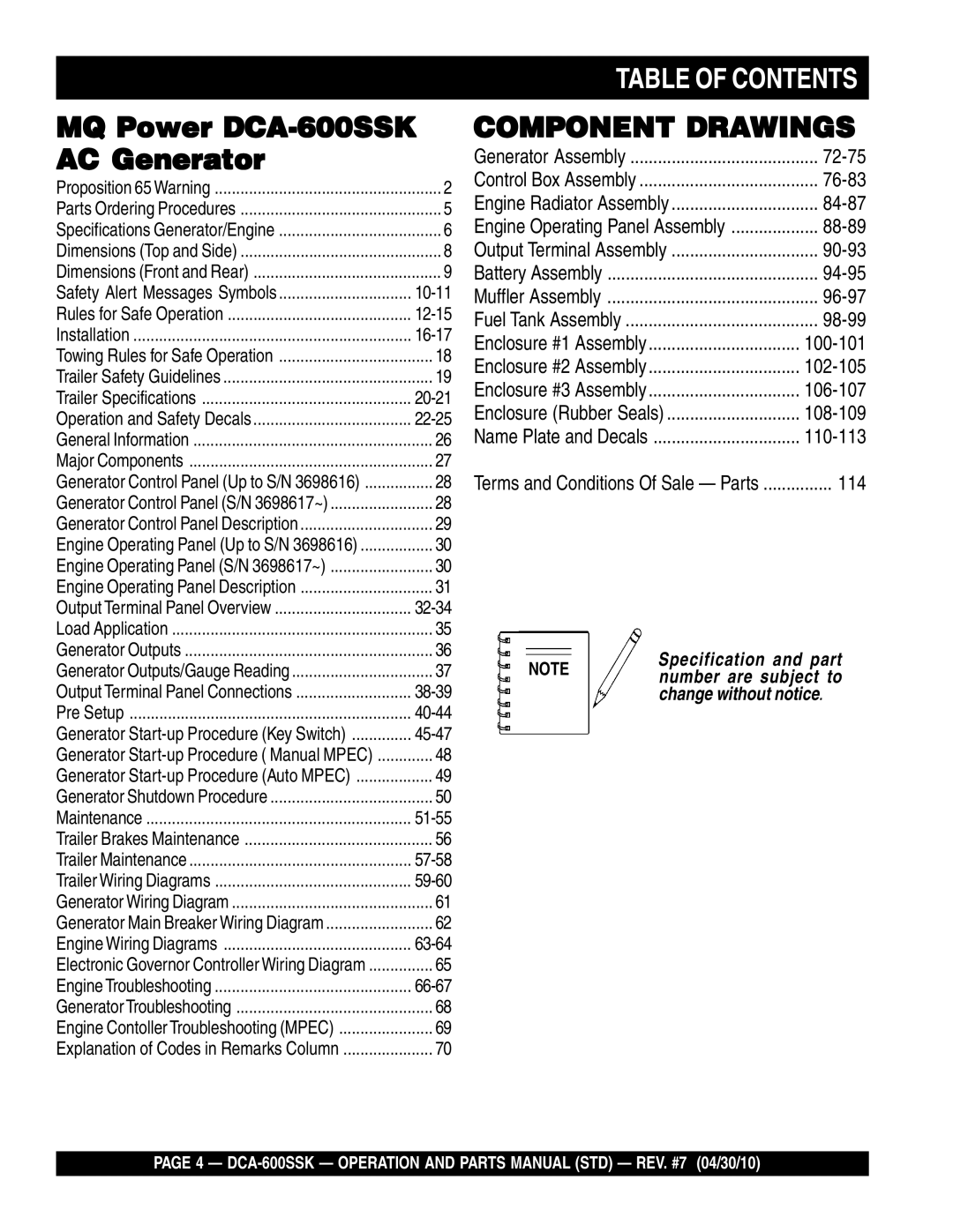 Multiquip MQ Power DCA-600SSK AC Generator, Table Of Contents, Component Drawings, 72-75, 76-83, 84-87, 88-89, 90-93 