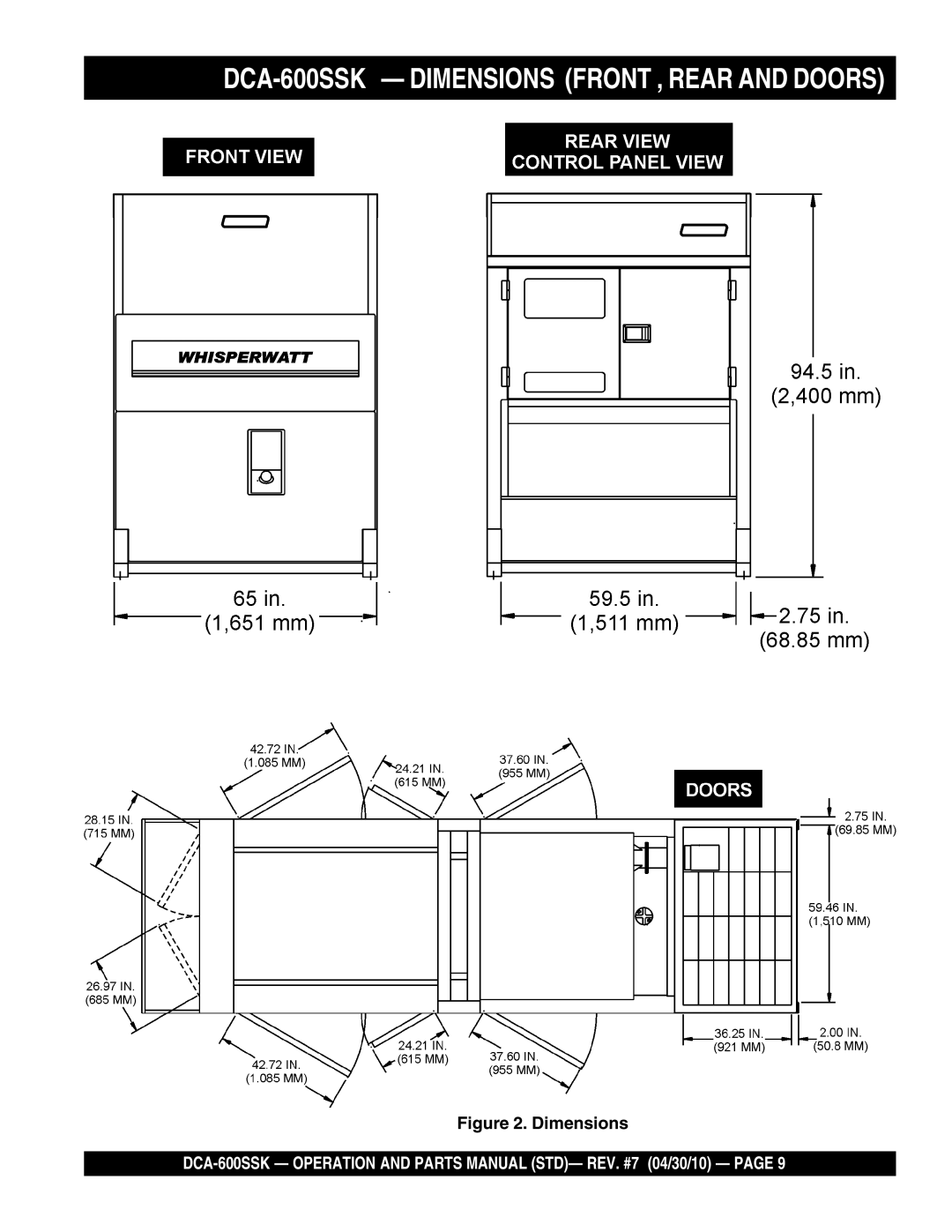 Multiquip operation manual DCA-600SSK - DIMENSIONS FRONT , REAR AND DOORS, Dimensions 