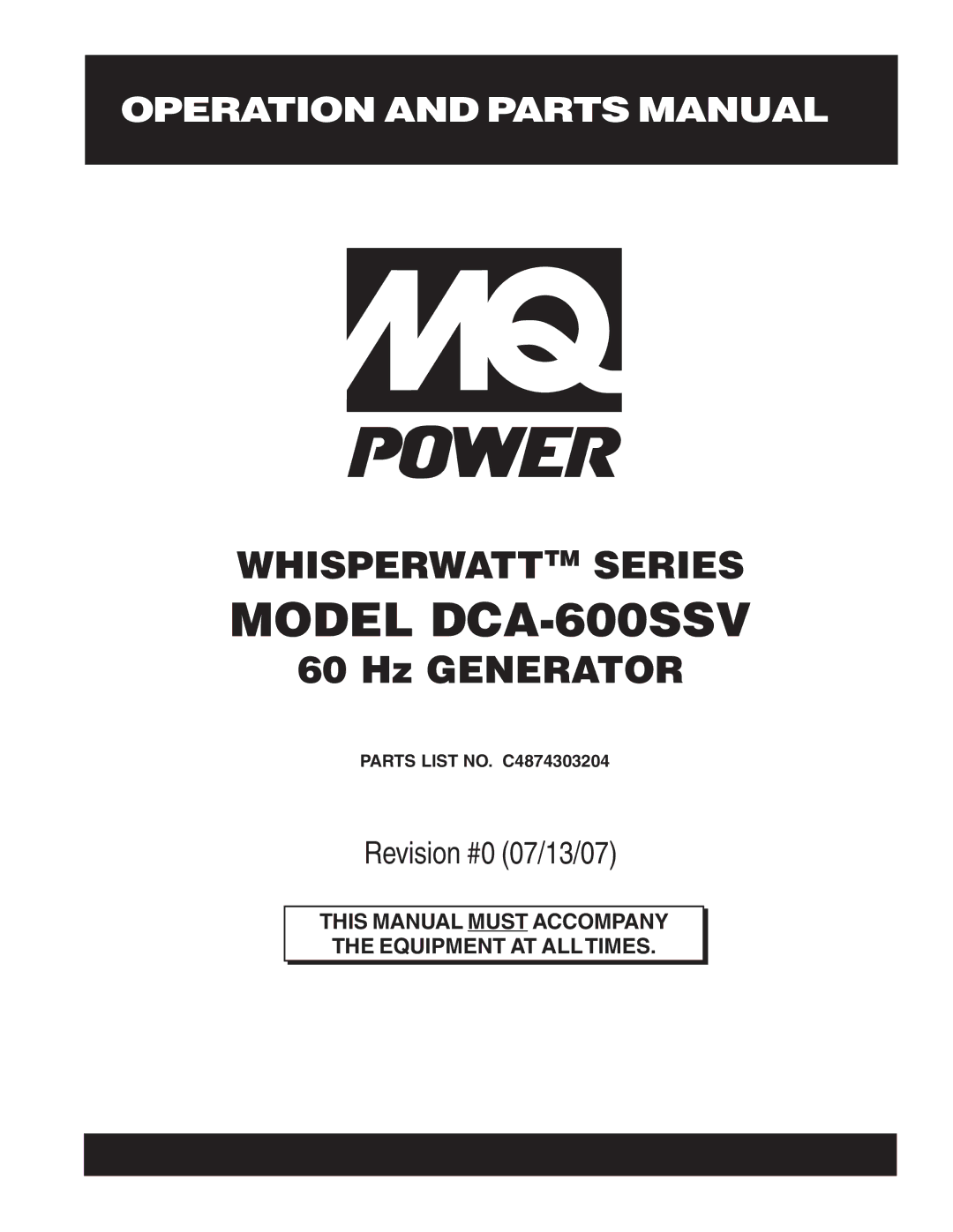 Multiquip operation manual Model DCA-600SSV 