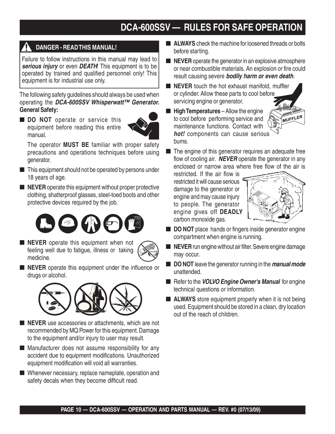 Multiquip DCA-600SSV operation manual General Safety, Burns 