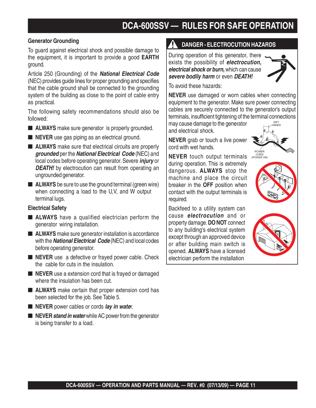 Multiquip operation manual DCA-600SSV Rules for Safe Operation, Generator Grounding, Electrical Safety 