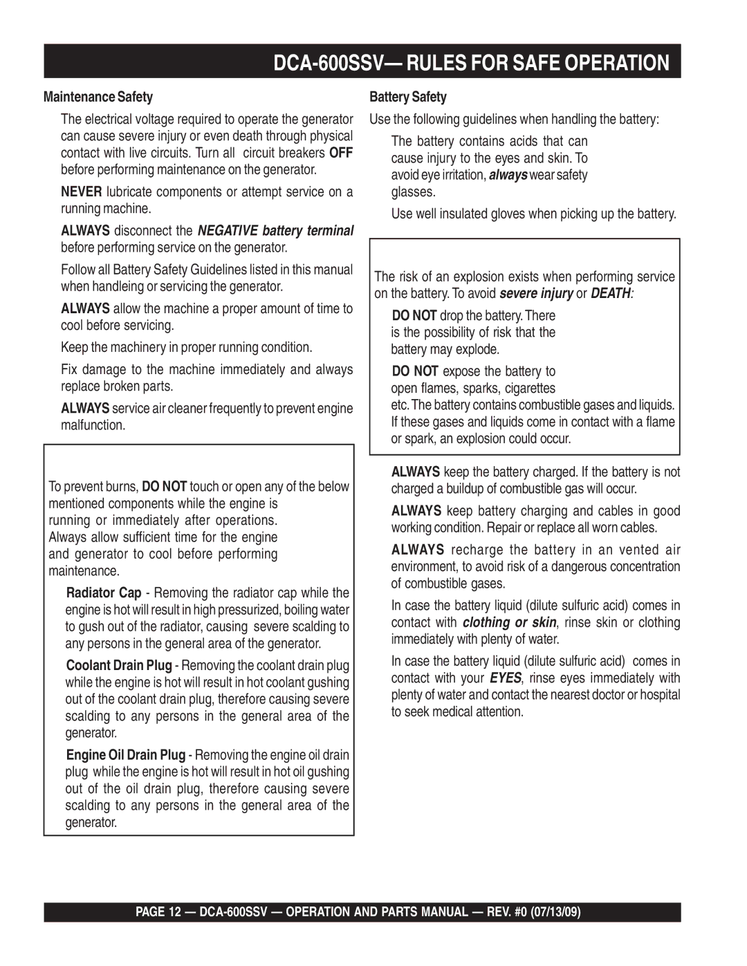 Multiquip DCA-600SSV operation manual Maintenance Safety, Battery Safety 