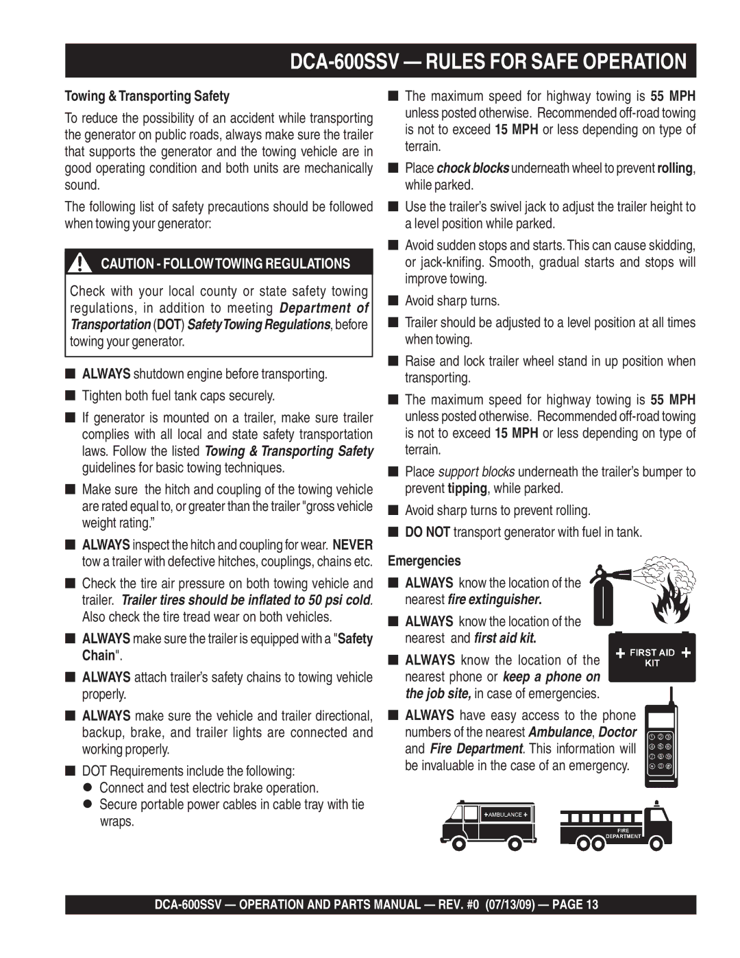 Multiquip operation manual DCA-600SSV Rules for Safe Operation, Towing & Transporting Safety, Emergencies 