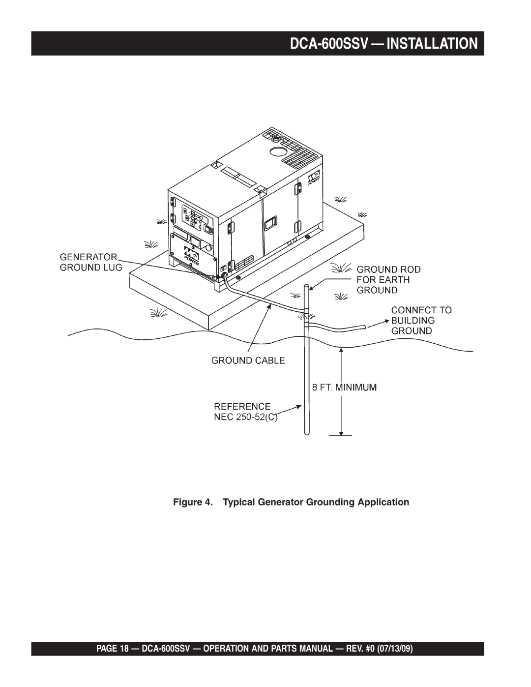 Multiquip operation manual DCA-600SSV Installation, Typical Generator Grounding Application 