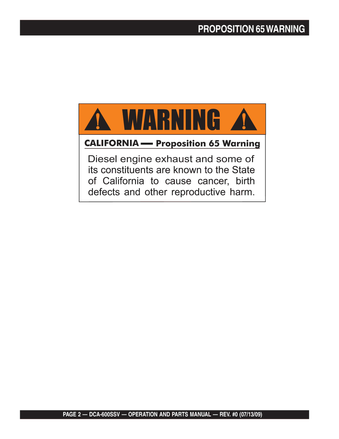 Multiquip DCA-600SSV operation manual Proposition 65WARNING 