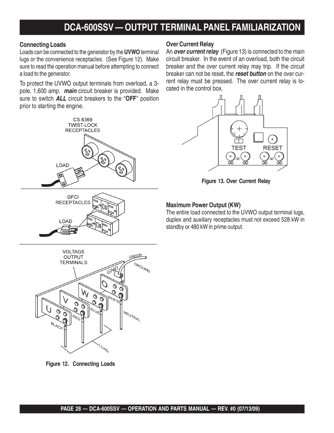 Multiquip operation manual DCA-600SSV Output Terminal Panel Familiarization, Connecting Loads, Over Current Relay 