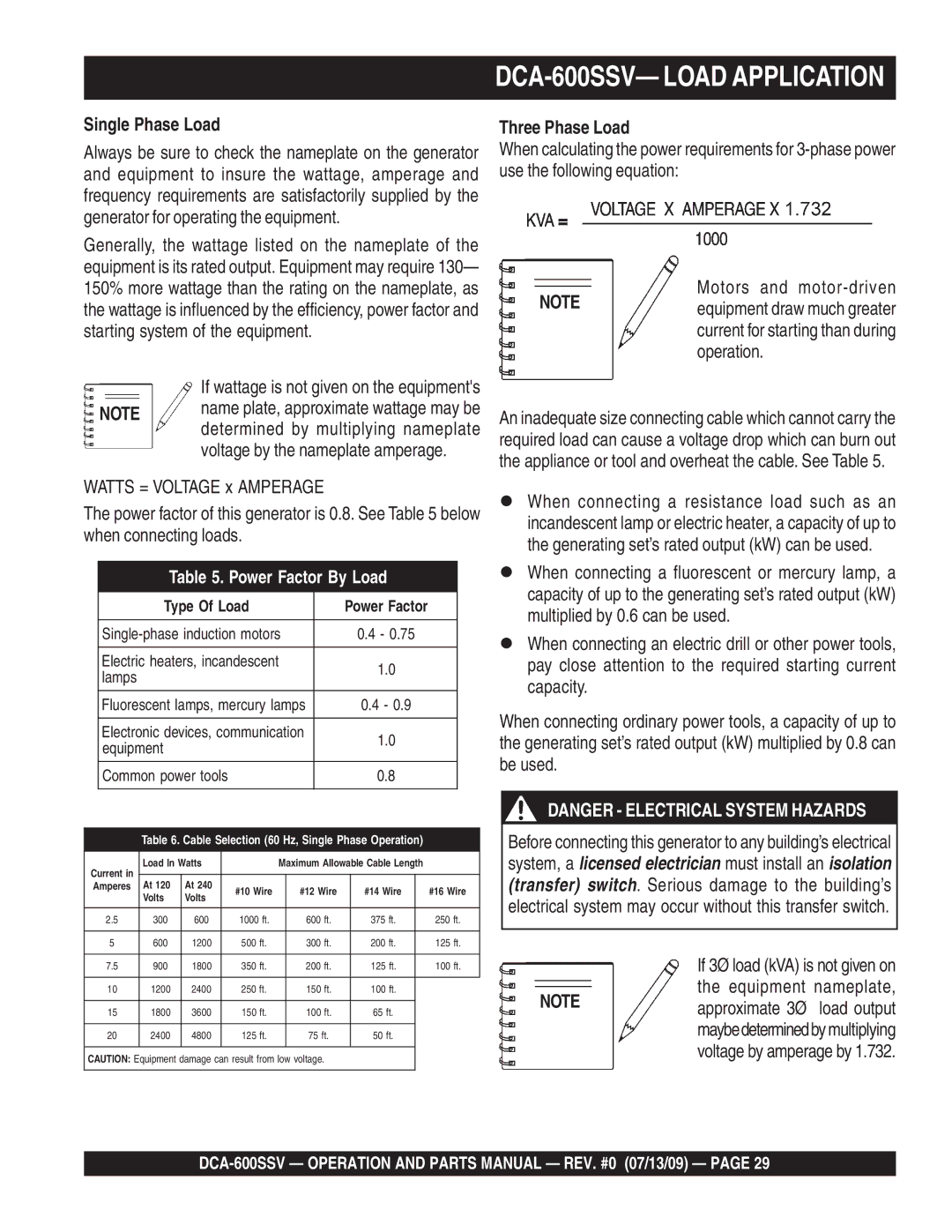 Multiquip operation manual DCA-600SSV- Load Application, Single Phase Load, Three Phase Load 