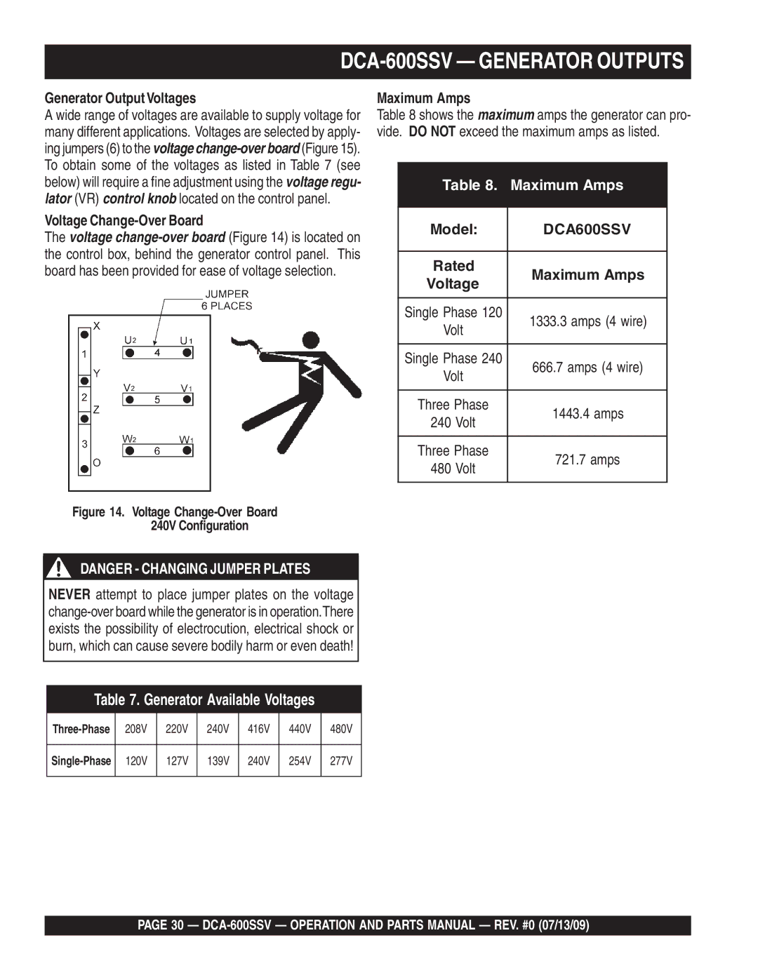 Multiquip DCA-600SSV operation manual Generator OutputVoltages, Voltage Change-Over Board, Rated Maximum Amps 