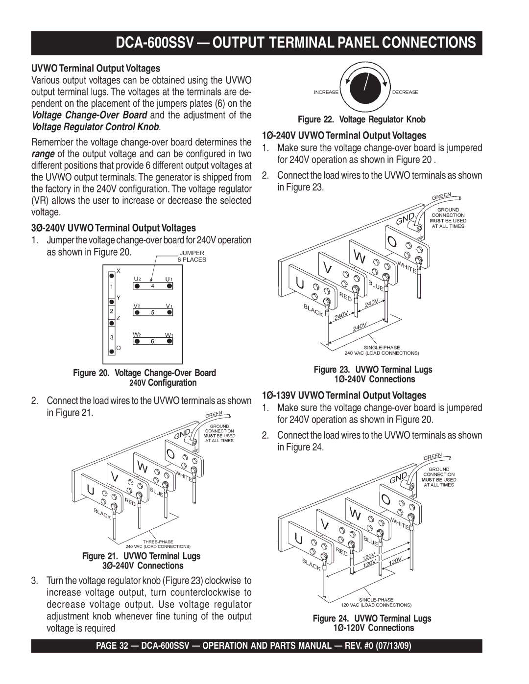 Multiquip operation manual DCA-600SSV Output Terminal Panel Connections, Uvwo Terminal Output Voltages 