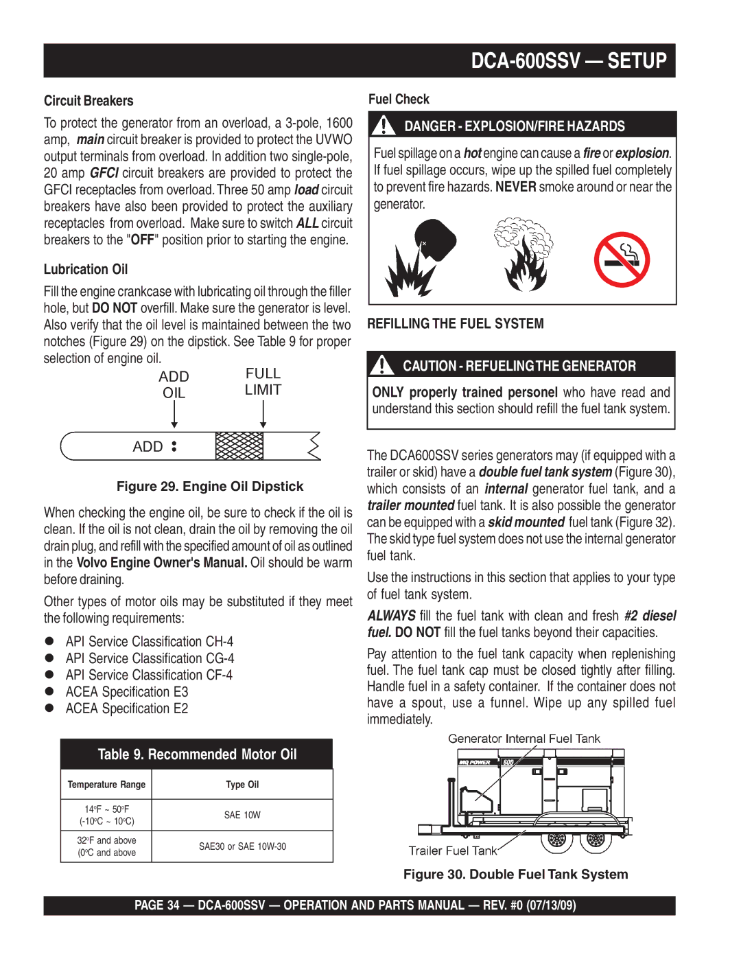 Multiquip operation manual DCA-600SSV Setup, Circuit Breakers, Lubrication Oil 