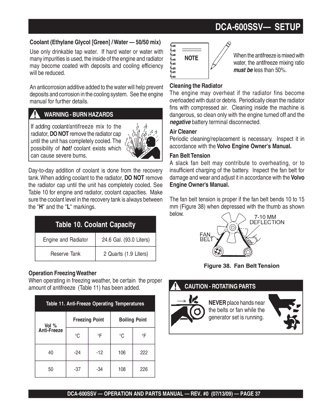 Multiquip operation manual DCA-600SSV- Setup, Operation Freezing Weather, Must be less than 50%, Cleaning the Radiator 