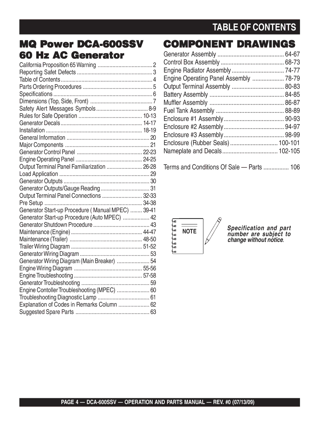 Multiquip DCA-600SSV operation manual Table of Contents 