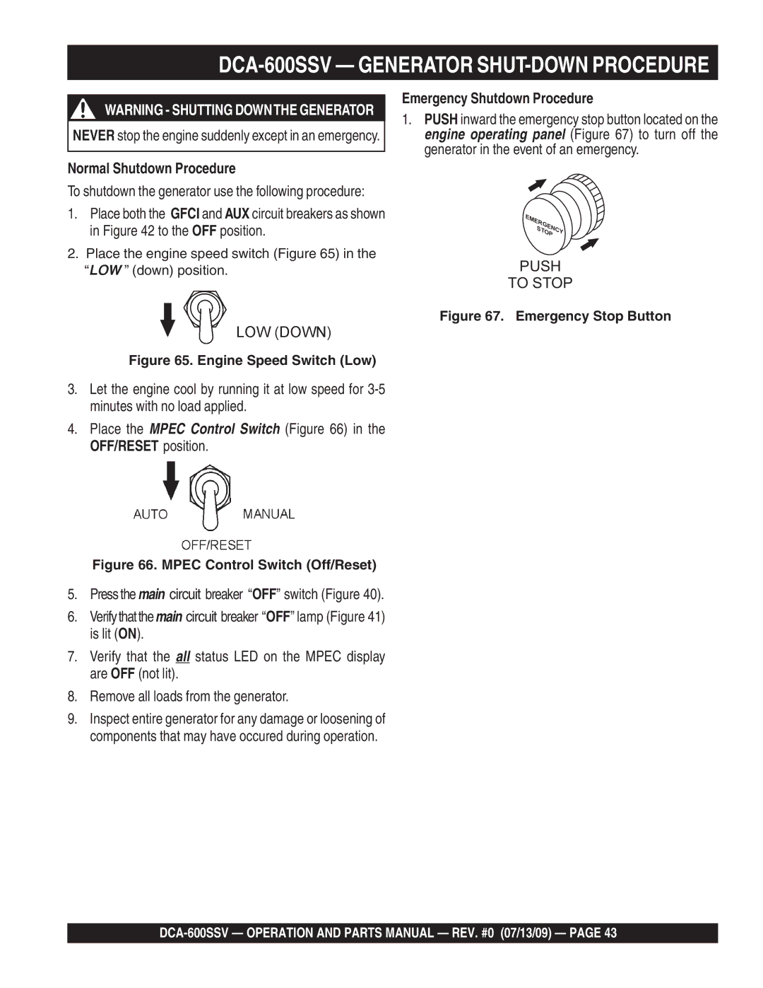 Multiquip DCA-600SSV Generator SHUT-DOWN Procedure, Normal Shutdown Procedure, Emergency Shutdown Procedure 