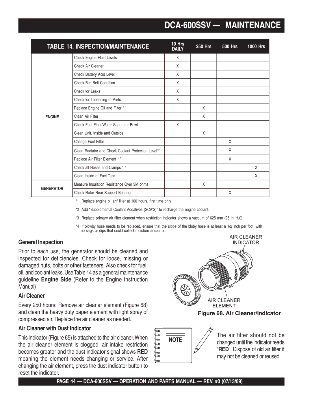 Multiquip operation manual DCA-600SSV Maintenance, General Inspection, Air Cleaner with Dust Indicator 