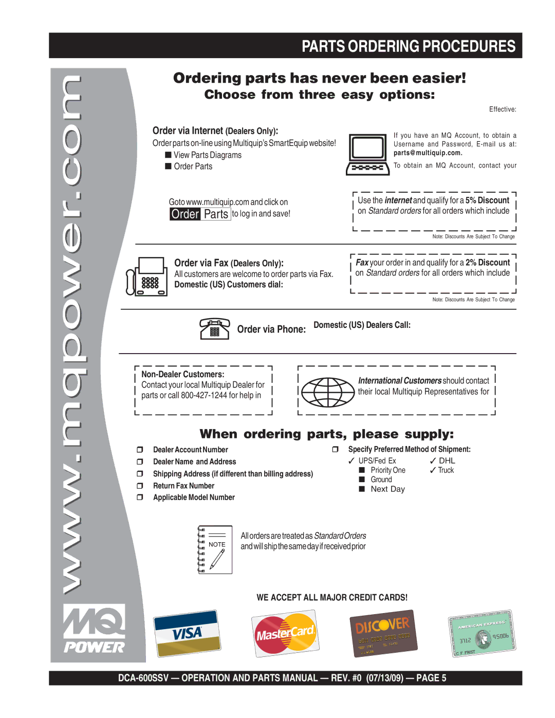 Multiquip DCA-600SSV operation manual Parts Ordering Procedures, Ordering parts has never been easier 