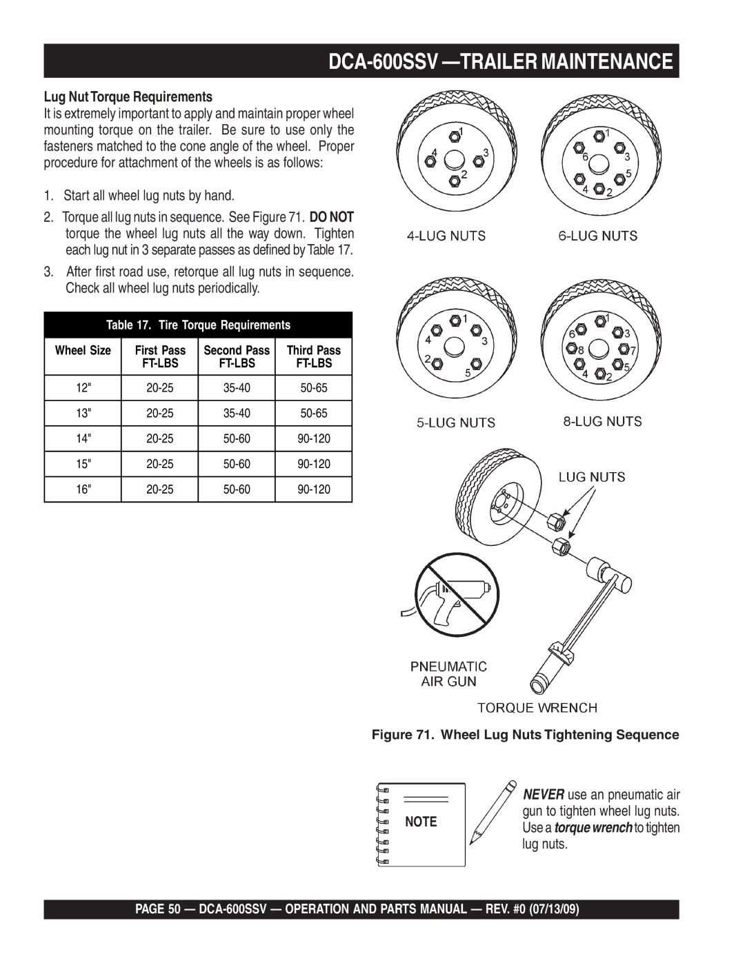 Multiquip DCA-600SSV operation manual Lug Nut Torque Requirements, Start all wheel lug nuts by hand, Lug nuts 