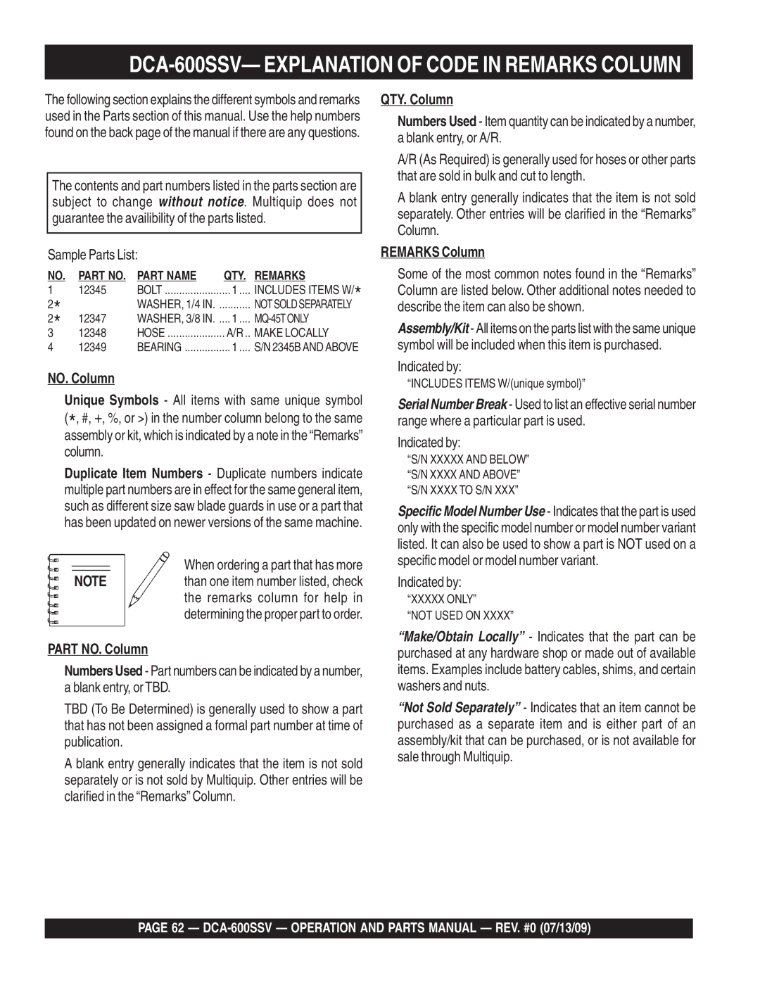 Multiquip operation manual DCA-600SSV- Explanation of Code in Remarks Column, Sample Parts List 