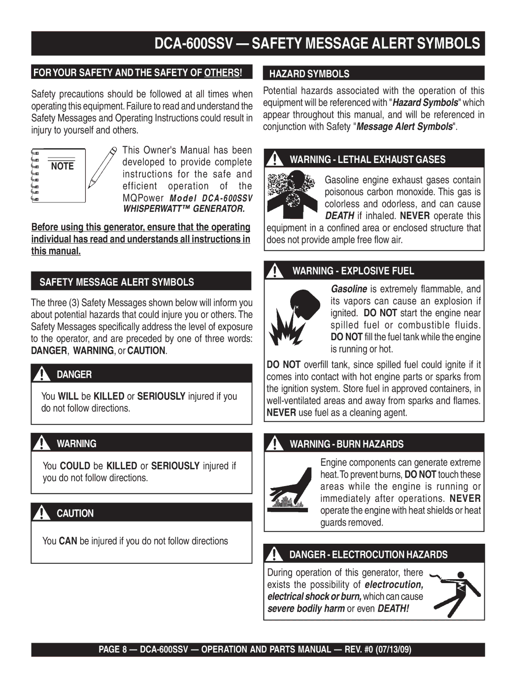 Multiquip operation manual DCA-600SSV Safety Message Alert Symbols, Hazard Symbols 