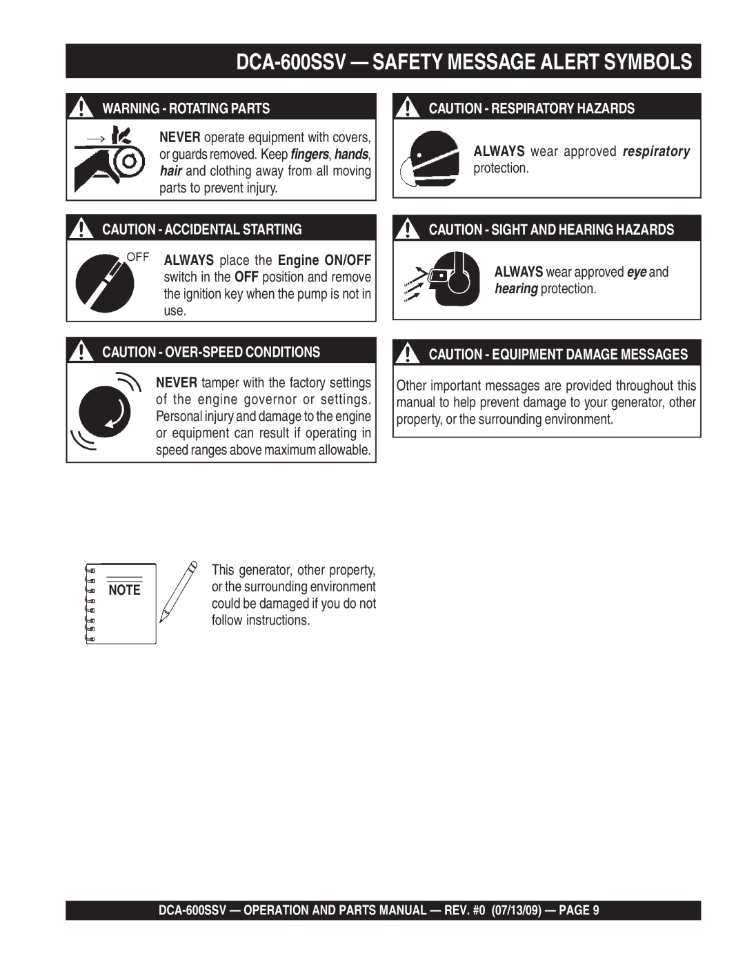 Multiquip operation manual DCA-600SSV Safety Message Alert Symbols, This generator, other property 