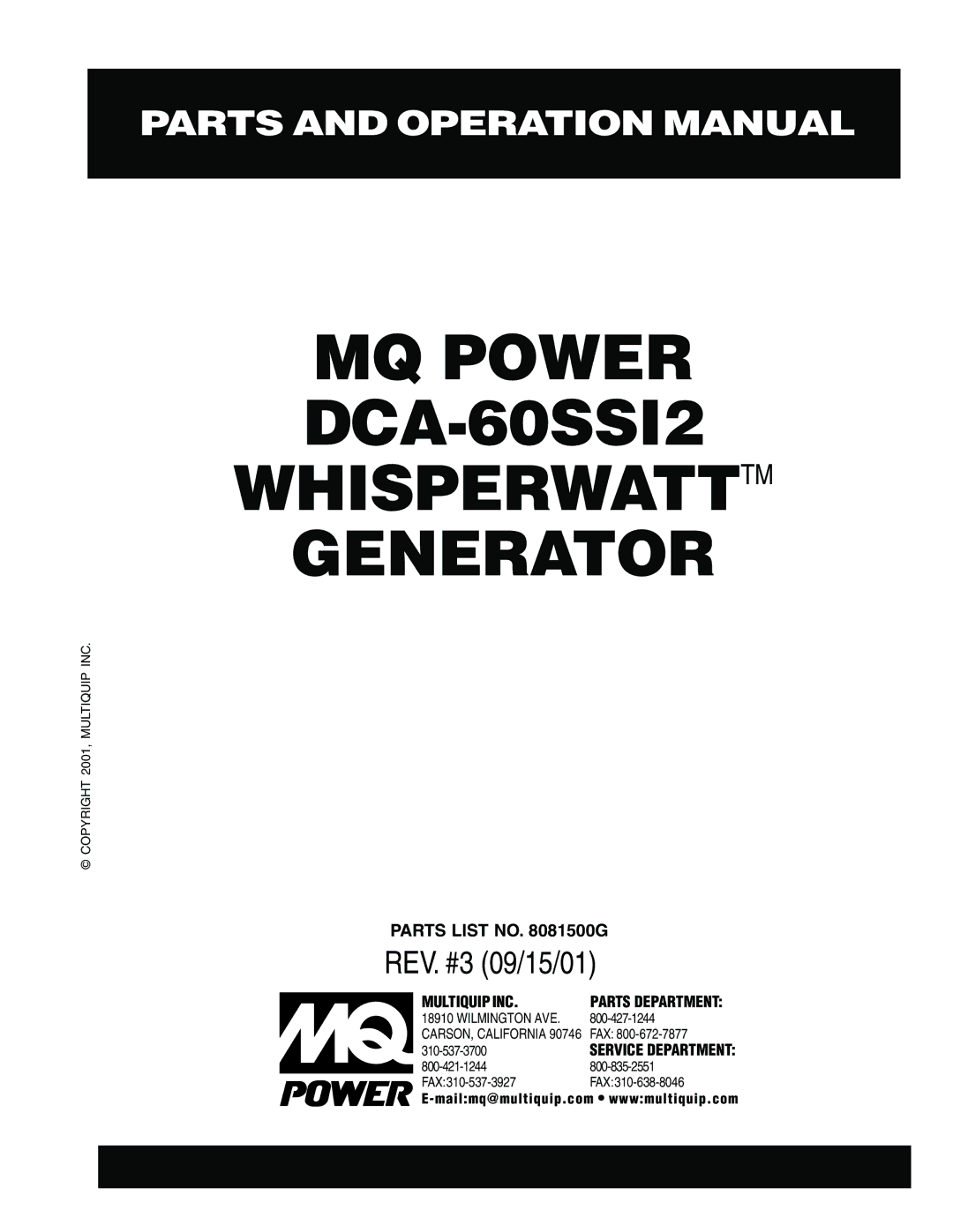 Multiquip DCA-60SS12 operation manual MQ Power DCA-60SSI2 Whisperwatttm Generator 