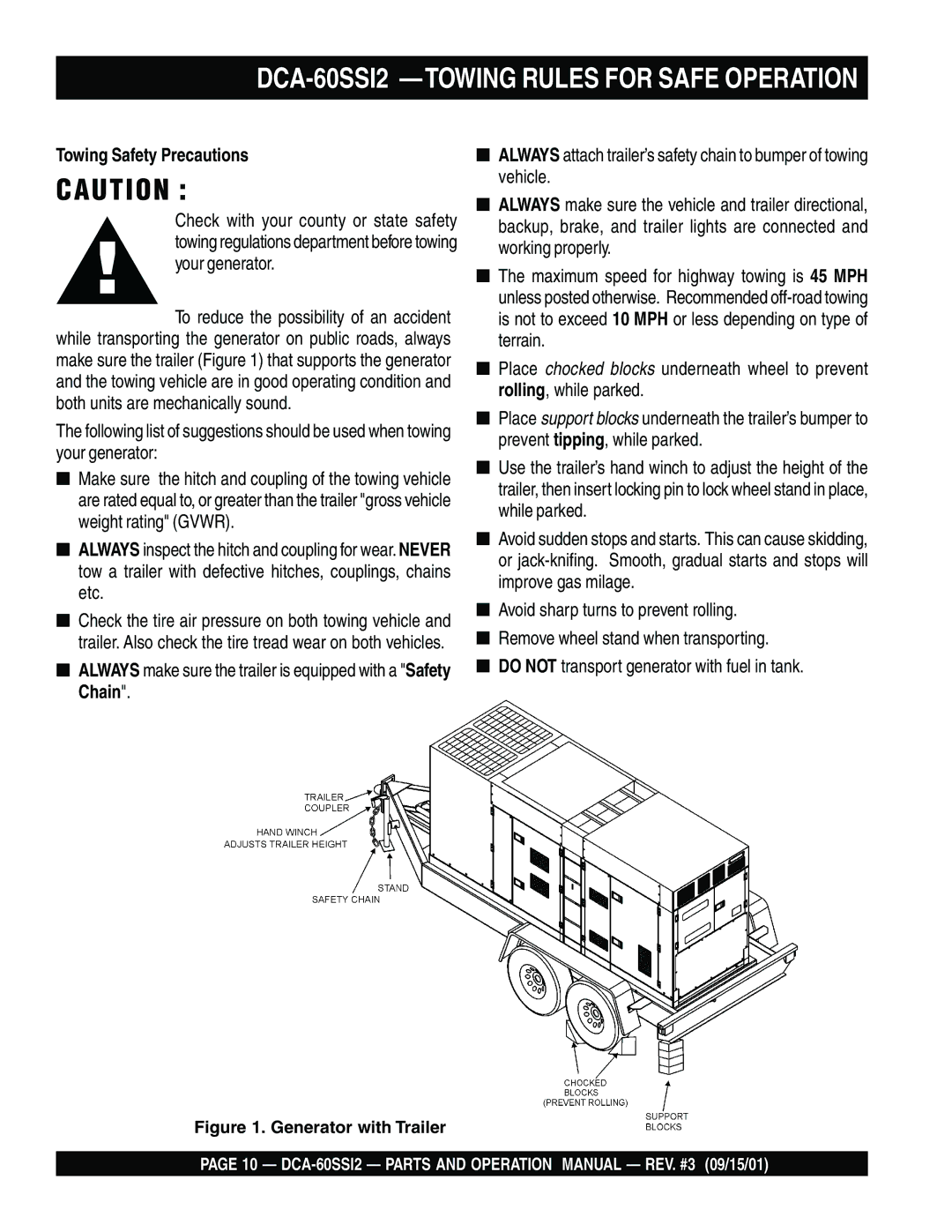 Multiquip DCA-60SS12 operation manual DCA-60SSI2 -TOWING Rules for Safe Operation, Towing Safety Precautions 