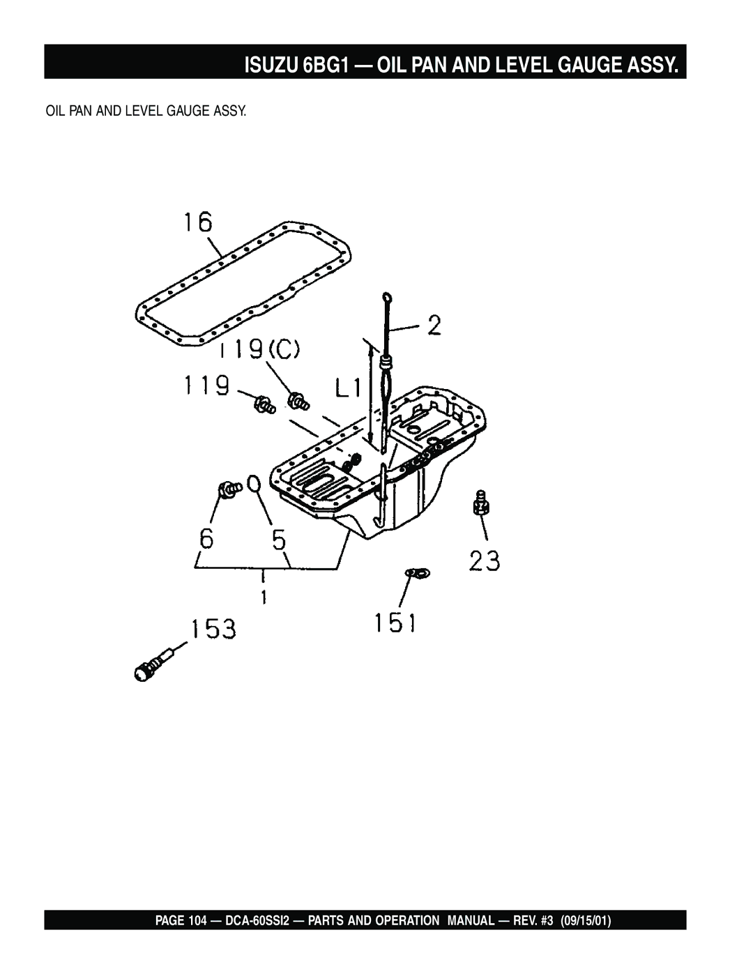 Multiquip DCA-60SS12 operation manual Isuzu 6BG1 OIL PAN and Level Gauge Assy 