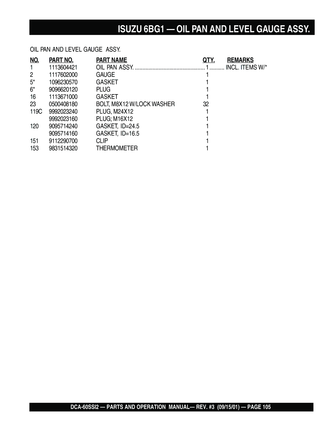 Multiquip DCA-60SS12 operation manual Isuzu 6BG1 OIL PAN and Level Gauge Assy 