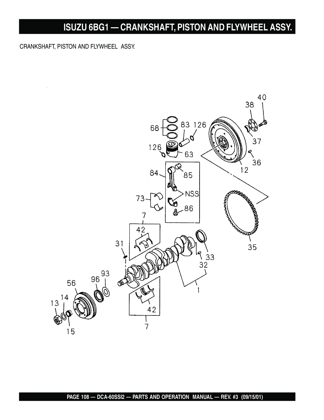 Multiquip DCA-60SS12 operation manual Isuzu 6BG1 CRANKSHAFT, Piston and Flywheel Assy 