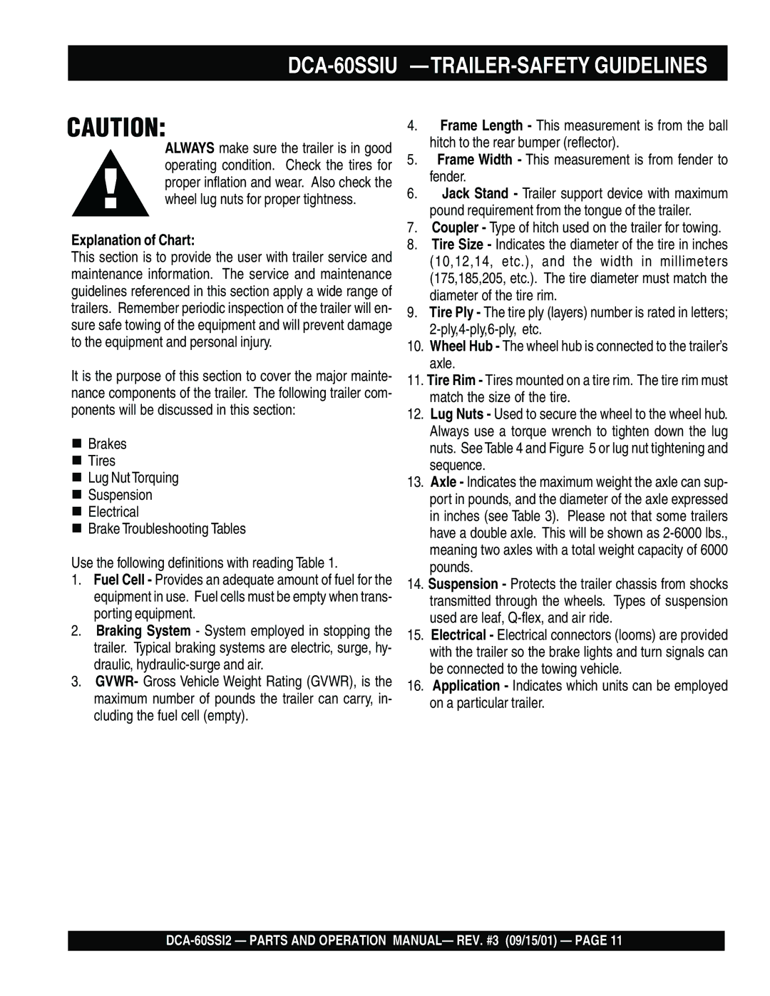 Multiquip DCA-60SS12 operation manual DCA-60SSIU -TRAILER-SAFETY Guidelines, Explanation of Chart 