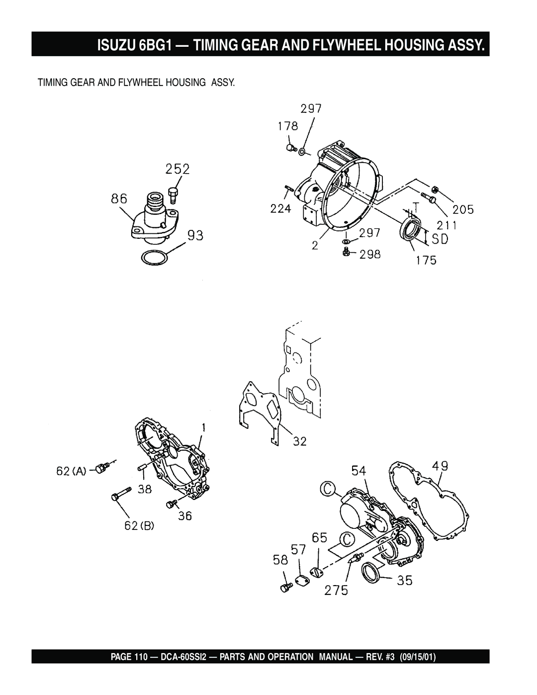 Multiquip DCA-60SS12 operation manual Isuzu 6BG1 Timing Gear and Flywheel Housing Assy 