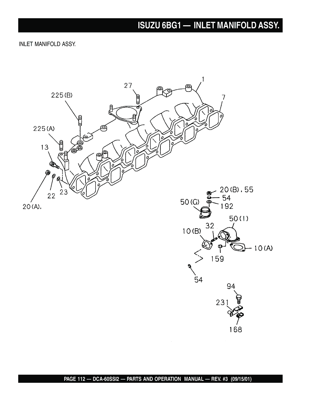 Multiquip DCA-60SS12 operation manual Isuzu 6BG1 Inlet Manifold Assy 