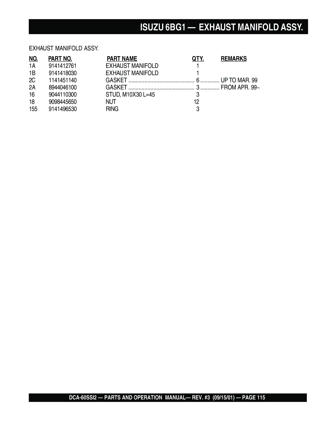 Multiquip DCA-60SS12 operation manual Isuzu 6BG1 Exhaust Manifold Assy 