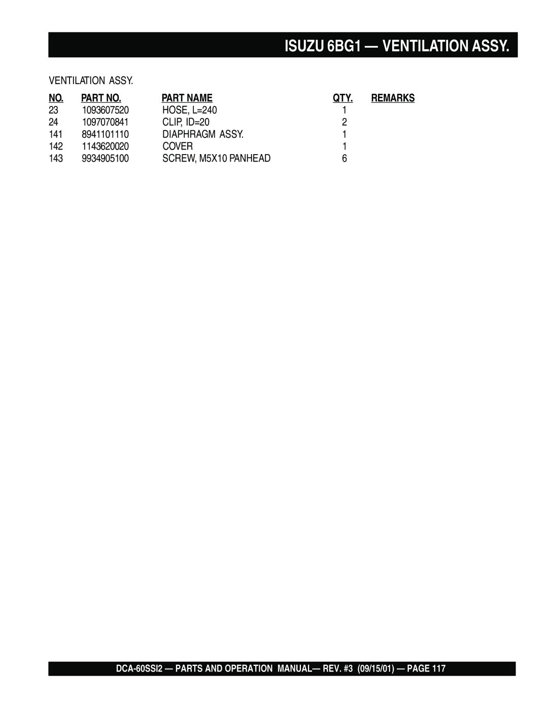 Multiquip DCA-60SS12 operation manual Isuzu 6BG1 Ventilation Assy 