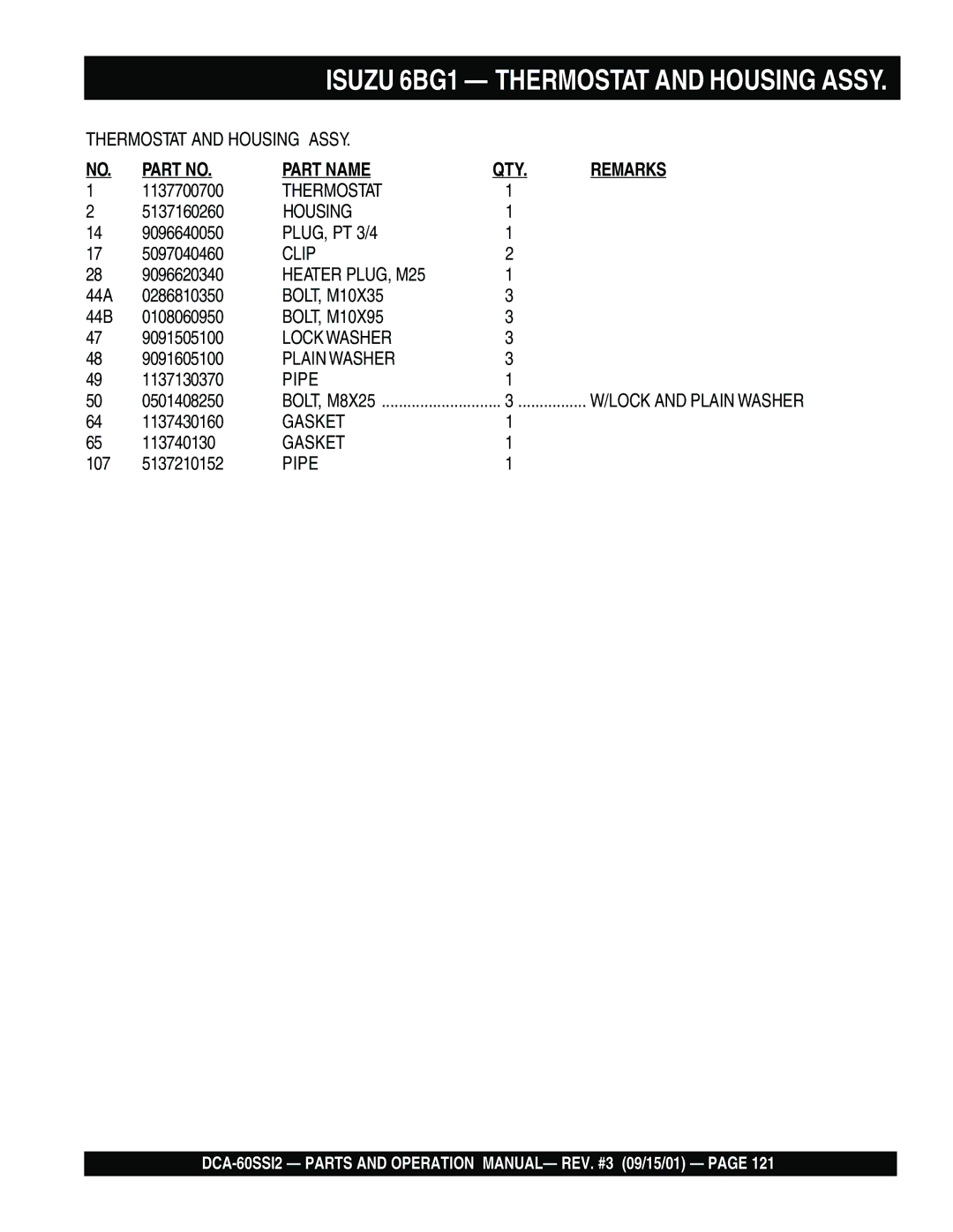 Multiquip DCA-60SS12 operation manual Isuzu 6BG1 Thermostat and Housing Assy 