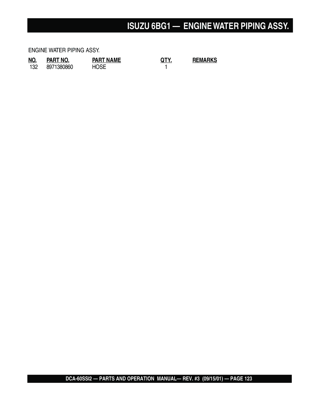 Multiquip DCA-60SS12 operation manual Isuzu 6BG1 Engine Water Piping Assy 