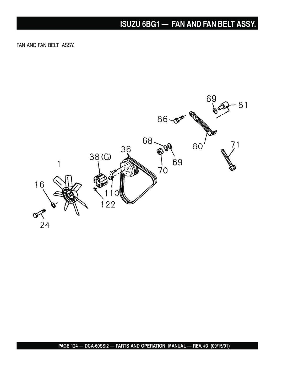 Multiquip DCA-60SS12 operation manual Isuzu 6BG1 FAN and FAN Belt Assy 