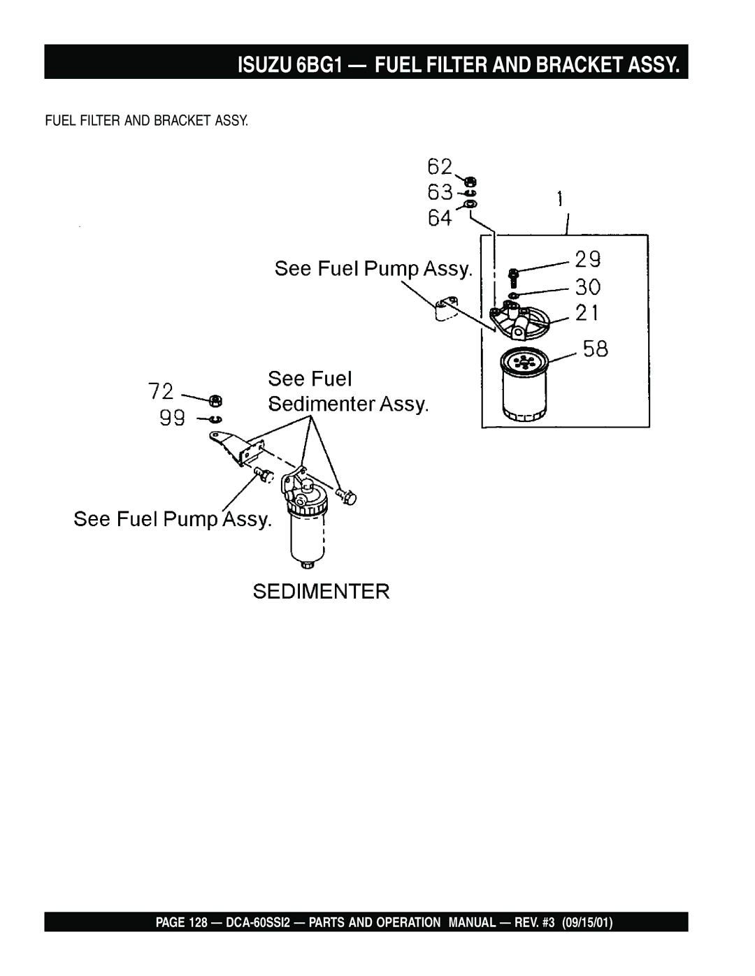 Multiquip DCA-60SS12 operation manual Isuzu 6BG1 Fuel Filter and Bracket Assy 