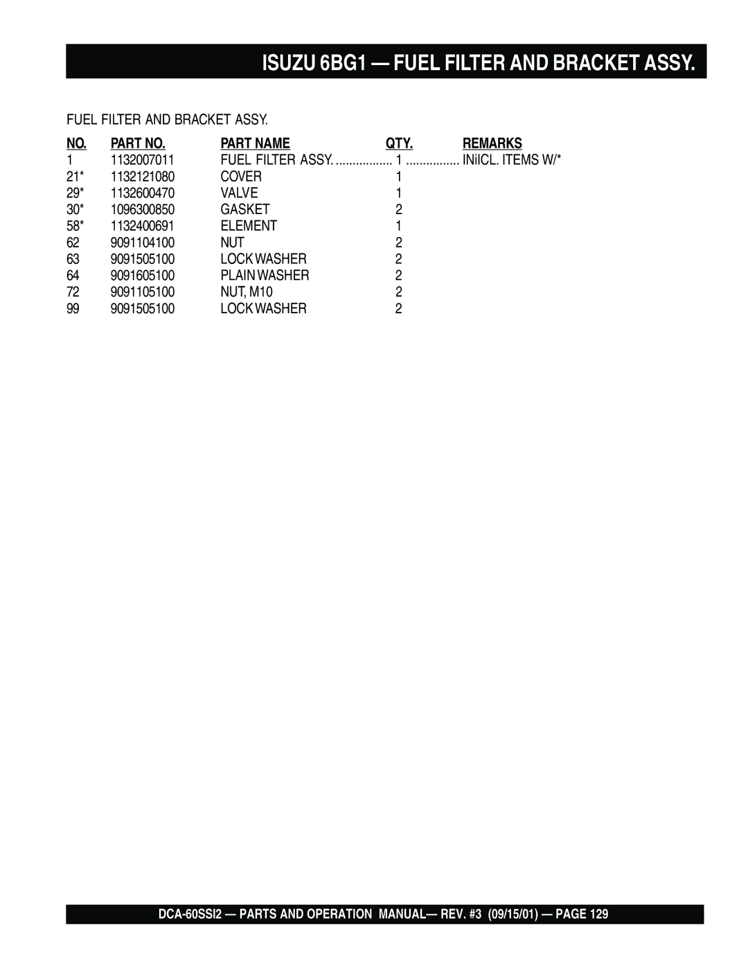 Multiquip DCA-60SS12 operation manual Isuzu 6BG1 Fuel Filter and Bracket Assy 