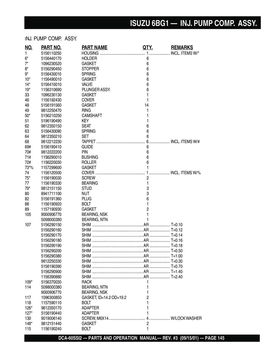 Multiquip DCA-60SS12 operation manual Isuzu 6BG1 INJ. Pump COMP. Assy, Bearing, Ntn 