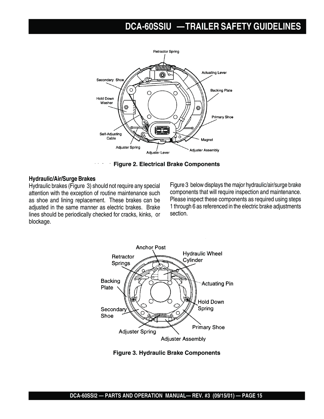 Multiquip DCA-60SS12 operation manual DCA-60SSIU -TRAILER Safety Guidelines, Hydraulic/Air/Surge Brakes 