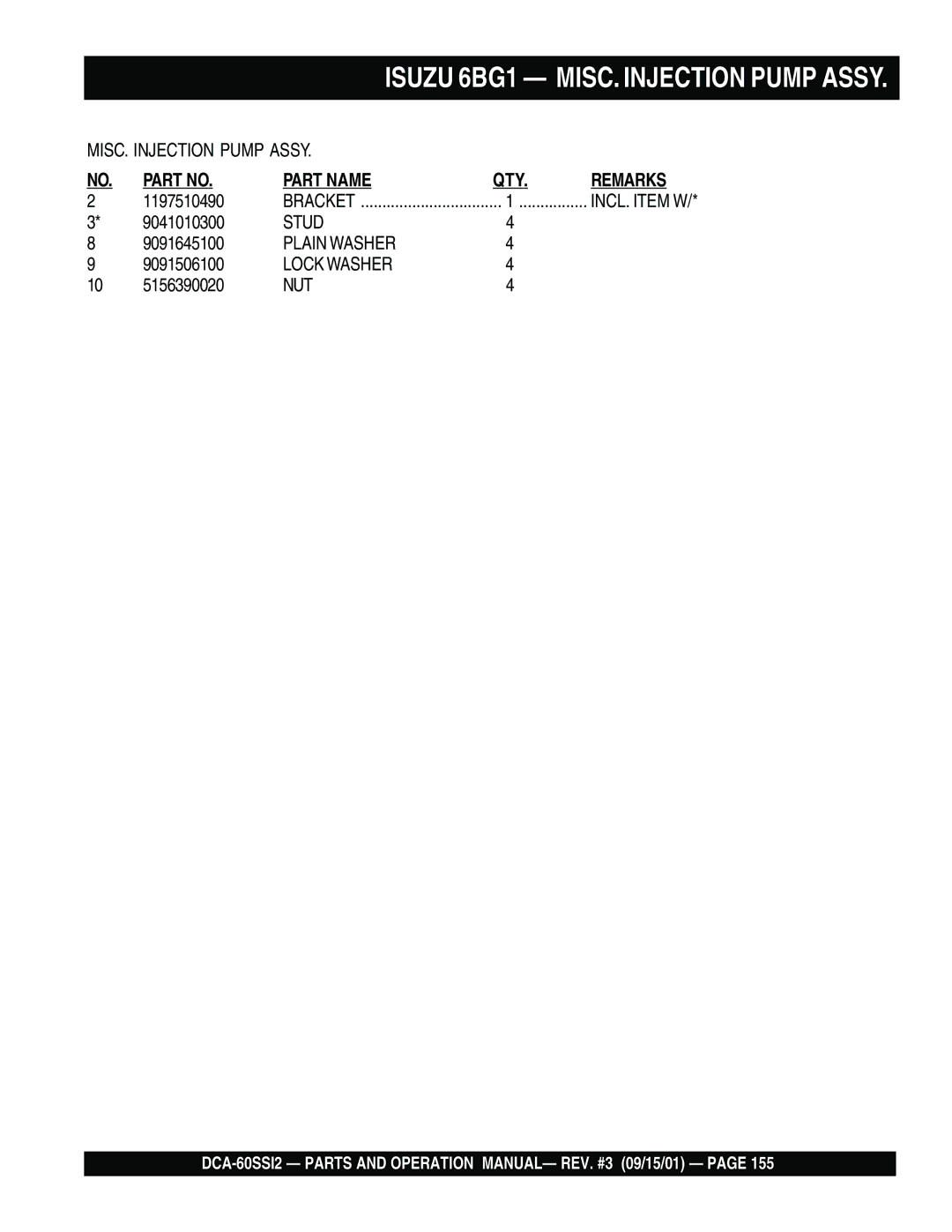 Multiquip DCA-60SS12 operation manual Isuzu 6BG1 MISC. Injection Pump Assy 