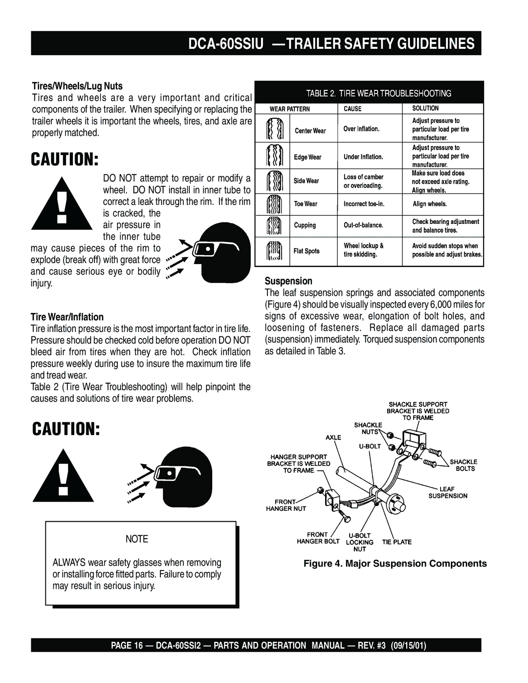 Multiquip DCA-60SS12 operation manual Tires/Wheels/Lug Nuts, Tire Wear/Inflation, Suspension 