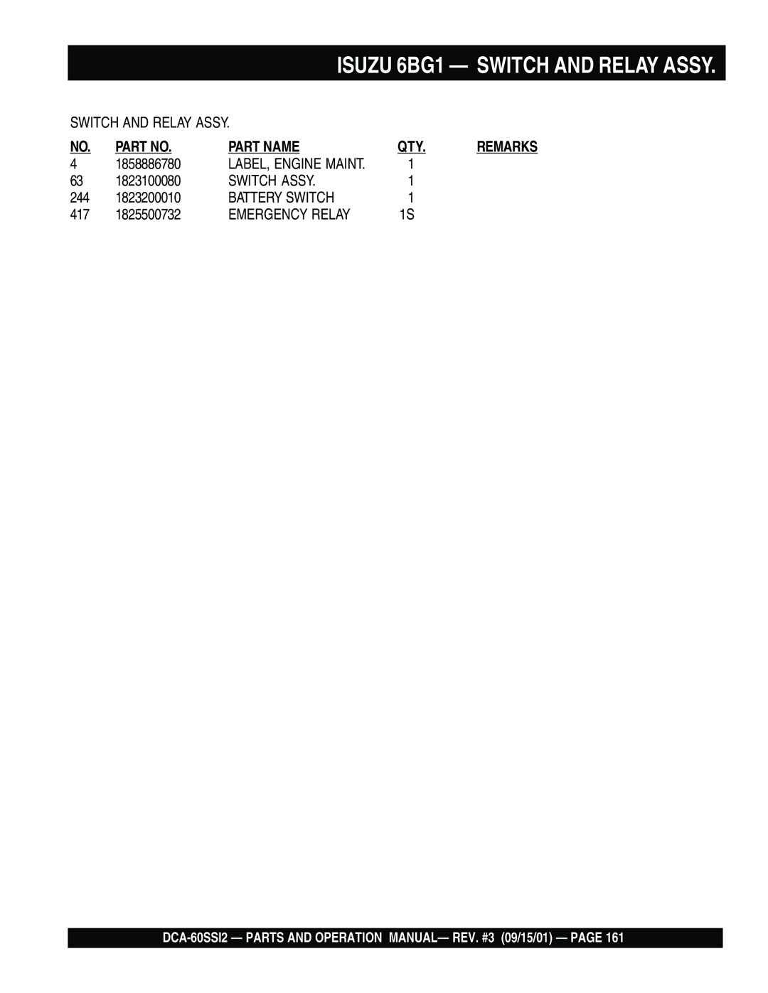 Multiquip DCA-60SS12 operation manual Isuzu 6BG1 Switch and Relay Assy 