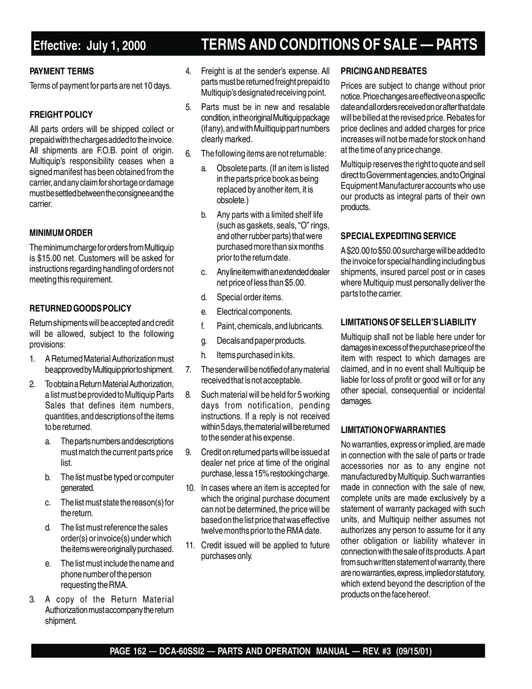 Multiquip DCA-60SS12 operation manual Effective July 1 