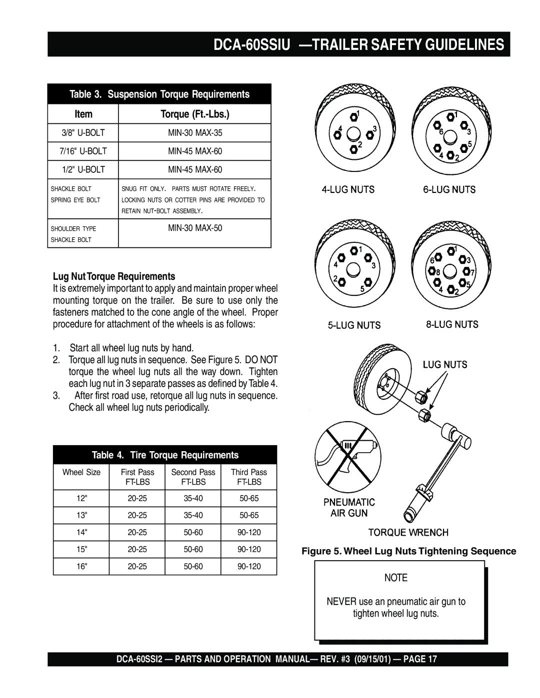 Multiquip DCA-60SS12 operation manual Torque Ft.-Lbs, Lug Nut Torque Requirements 