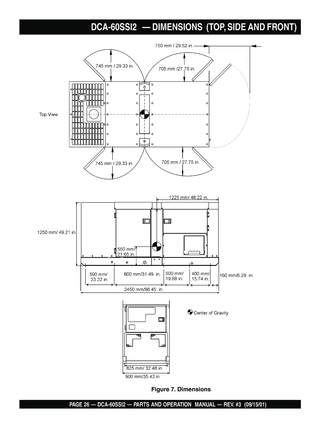 Multiquip DCA-60SS12 operation manual DCA-60SSI2 Dimensions TOP, Side and Front 