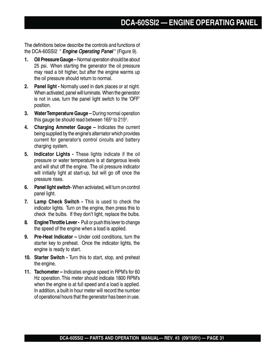 Multiquip DCA-60SS12 operation manual DCA-60SSI2 Engine Operating Panel 