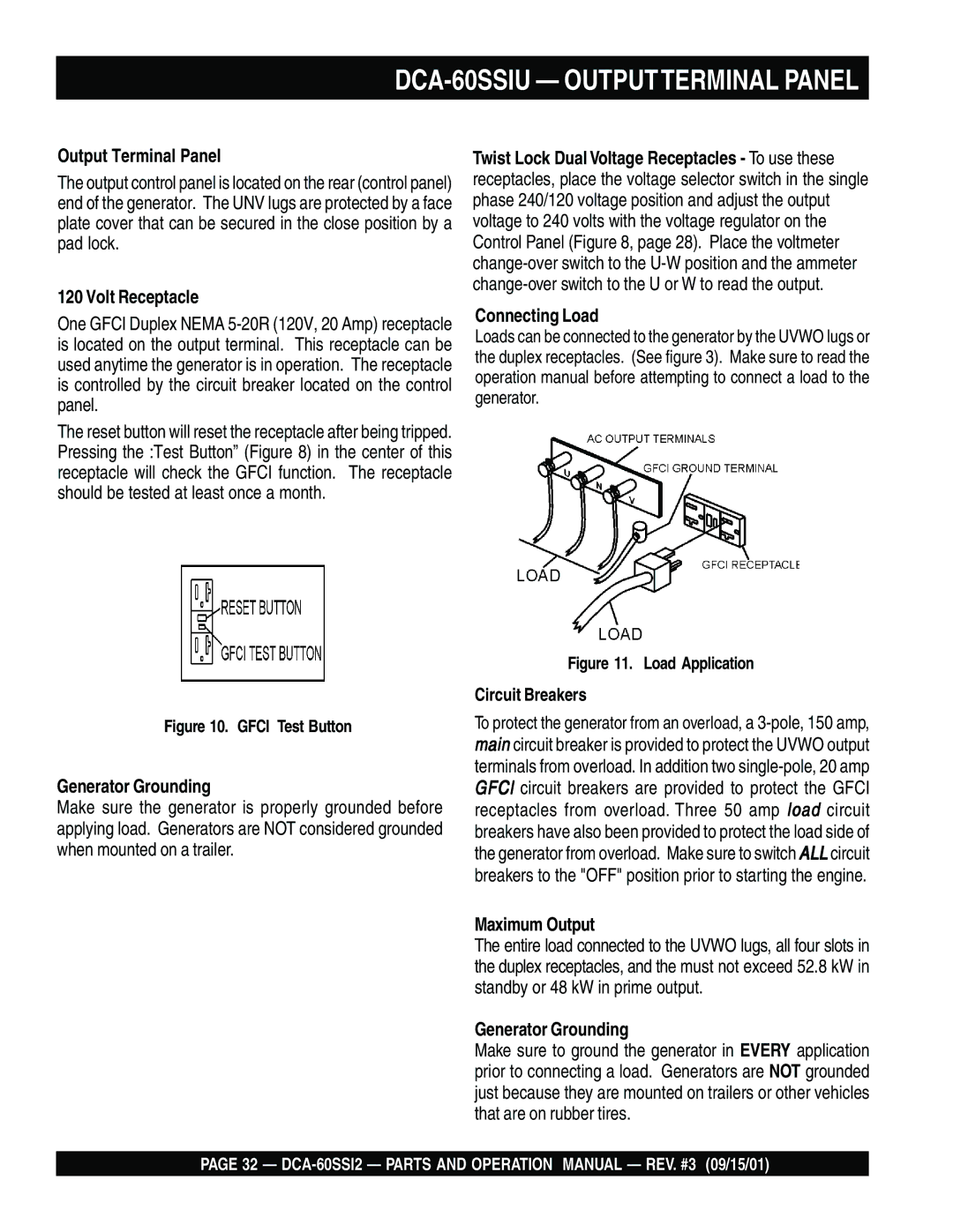 Multiquip DCA-60SS12 DCA-60SSIU Outputterminal Panel, Volt Receptacle, Connecting Load, Generator Grounding 