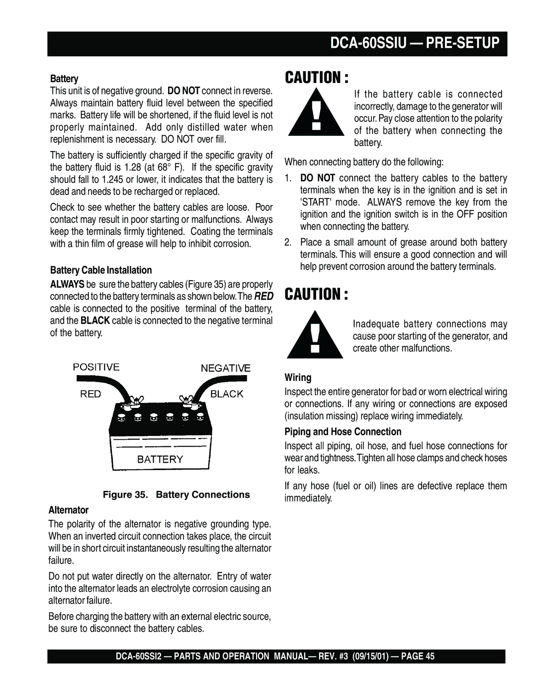 Multiquip DCA-60SS12 DCA-60SSIU PRE-SETUP, Battery Cable Installation, Alternator, Wiring, Piping and Hose Connection 